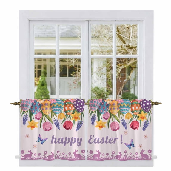 Easter Eggs Tier Curtains 36 Inch Length, Purple Tulip Flower Spring Bunny Butterfly Floral Cafe Short Curtains for Bathroom Sink, Small Kitchen Curtain Light Filtering Drapes 2 Panels 27.5"Wx36"L