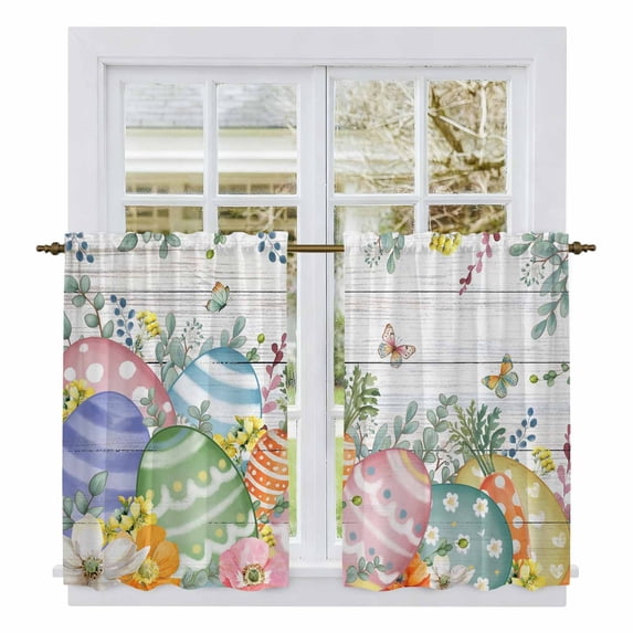 Easter Eggs Tier Curtains 54 Inch Length, Spring Flowers Eucalyptus Leaves Wooden Grain Cafe Short Curtains for Bathroom Over Sink, Small Kitchen Curtain Light Filtering Drapes 2 Panels 27.5"Wx54"L