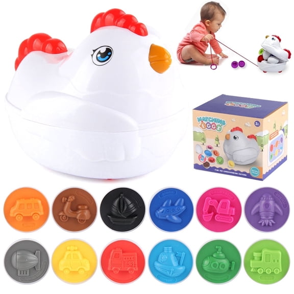 Easter Eggs Toys for Toddlers, 12 Pcs Montessori Matching & Stacking Learning Educational Set, Push Pull Chicken Carton, Shape Color Sorting Fine Motor Sensory Gift for Boys Girls,Vehicles