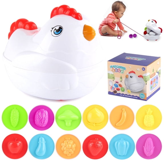 Easter Eggs Toys for Toddlers, 12 Pcs Montessori Matching & Stacking Learning Educational Set, Push Pull Chicken Carton, Shape Color Sorting Fine Motor Sensory Gift for Boys Girls,Fruits & Vegetables