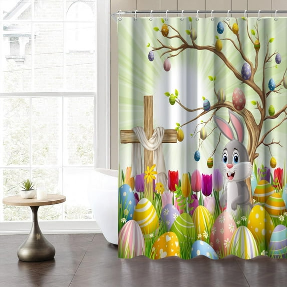 Easter Eggs Trees Shower Curtain for Bathroom Decor Pink Yellow Happy Rabbits Bunny Grass Bathtub Curtain 84x72inches Waterproof Fabric Wood Cross Flowers Stall RV Shower Curtains with Hooks