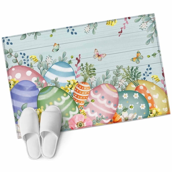 Easter Eggs Washable Area Rug 2 x 3 ft Spring Colored Eggs Floral Leaf Teal Wood Grain, Soft Non Slip Rugs Stain Repellent Indoor Felt Carpet for Living Dining Room Bedroom Home Office
