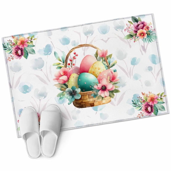 Easter Eggs Washable Area Rug 2 x 3 ft Spring Watercolor Basket Blue Floral Colored Eggs, Soft Non Slip Rugs Stain Repellent Indoor Felt Carpet for Living Dining Room Bedroom Home Office