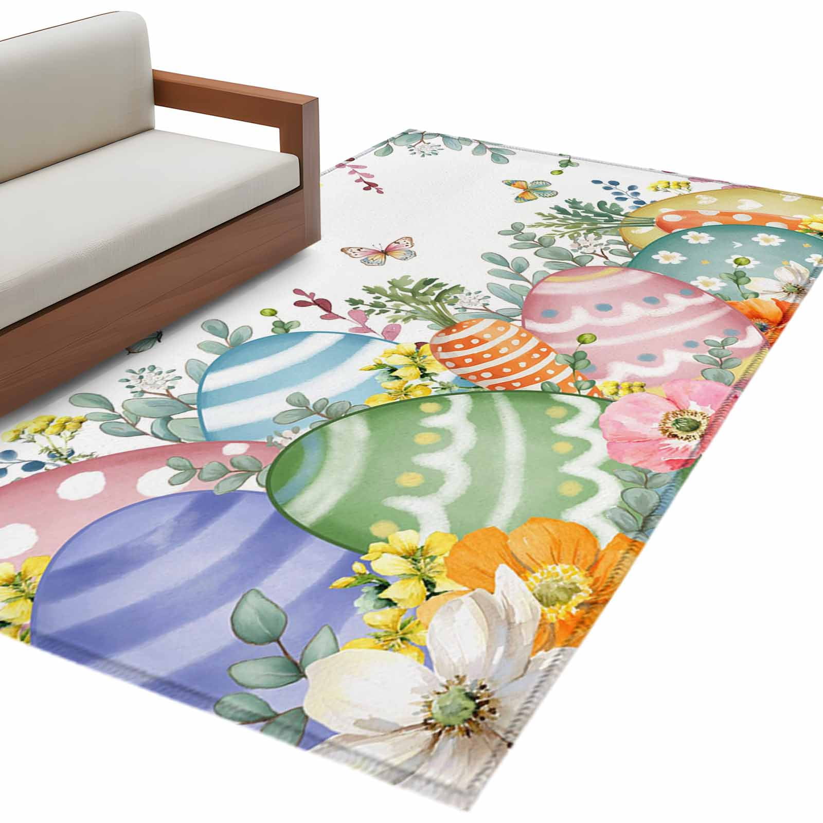 Easter Colors Rag Rug Easter Eggs Washable Area Rug 4 x 6 ft Spring Colored Eggs Floral Leaf ...