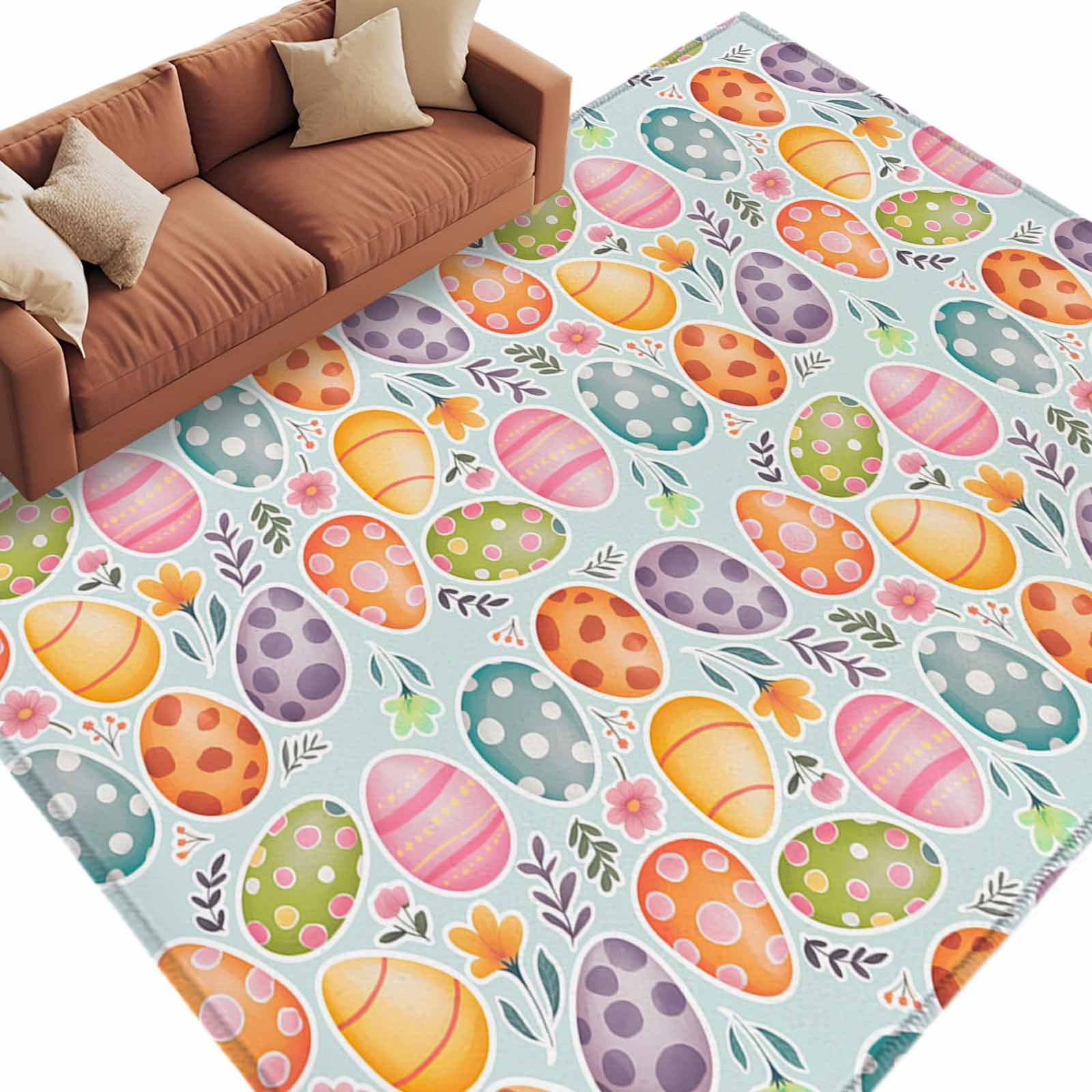 Easter Colors Rag Rug Easter Eggs Washable Area Rug 5 x 8 ft Spring Colored Eggs Floral Leaf ...