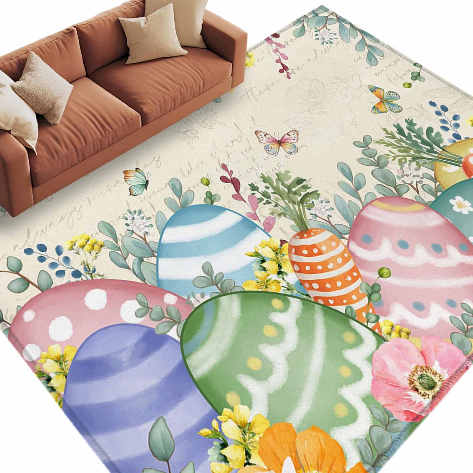 Easter Colors Rag Rug Easter Eggs Washable Area Rug 8 x 10 ft Spring Colored Eggs Floral Leaf ...