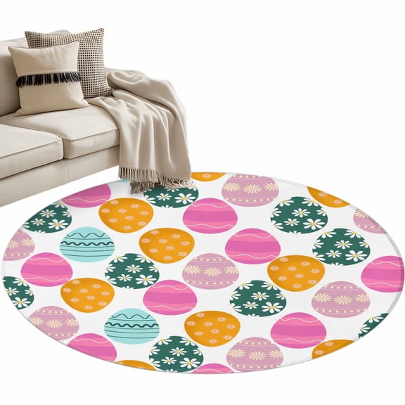 Easter Eggs Washable Round Area Rug 3 ft, Spring Green Yellow Pink Teal Floral Eggs, Soft Non Slip Rugs Stain Repellent Indoor Felt Carpet for Living Dining Room Bedroom Home Office