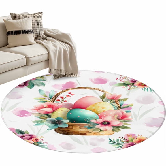 Easter Eggs Washable Round Area Rug 3 ft, Spring Watercolor Basket Pink Floral Colored Eggs, Soft Non Slip Rugs Stain Repellent Indoor Felt Carpet for Living Dining Room Bedroom Home Office