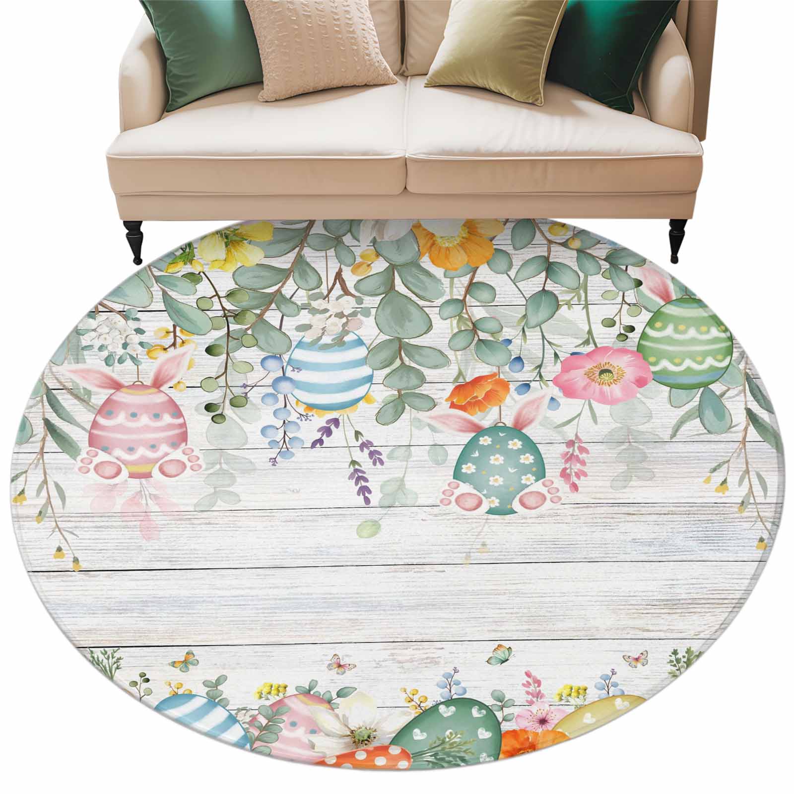Round Easter Rug Easter Eggs Washable Round Area Rug 6 ft, Spring Yellow Pink Floral ...