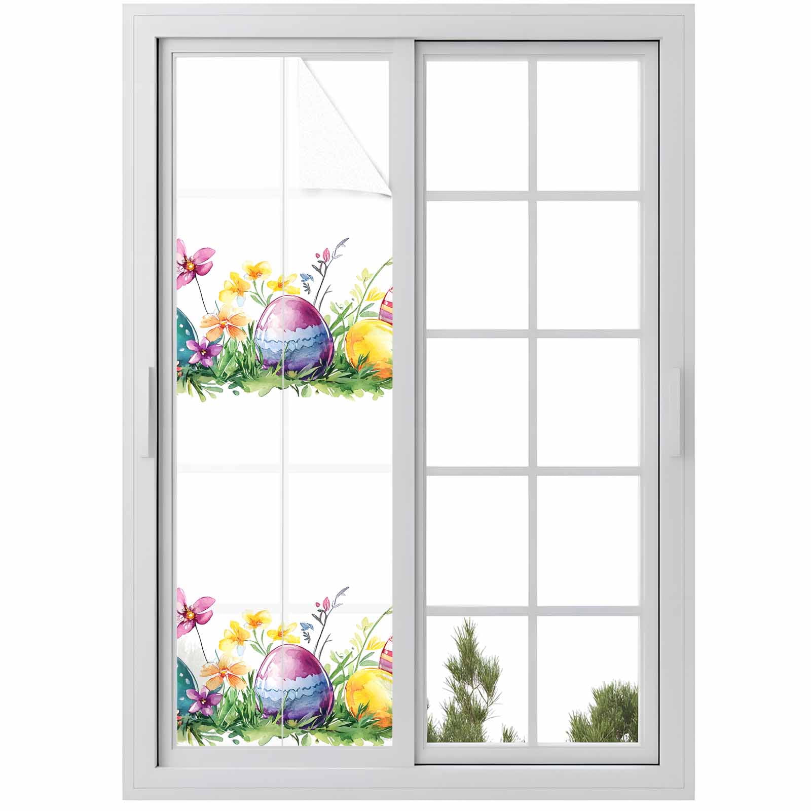 Easter Eggs Window Privacy Film, Green Yellow Purple Egg Spring Purple Yellow Floral Leaf Frosted Glass Window Clings Static Cling UV Heat Blocking Reusable Door Sticker for Bedroom 23.6x78.7 Inch