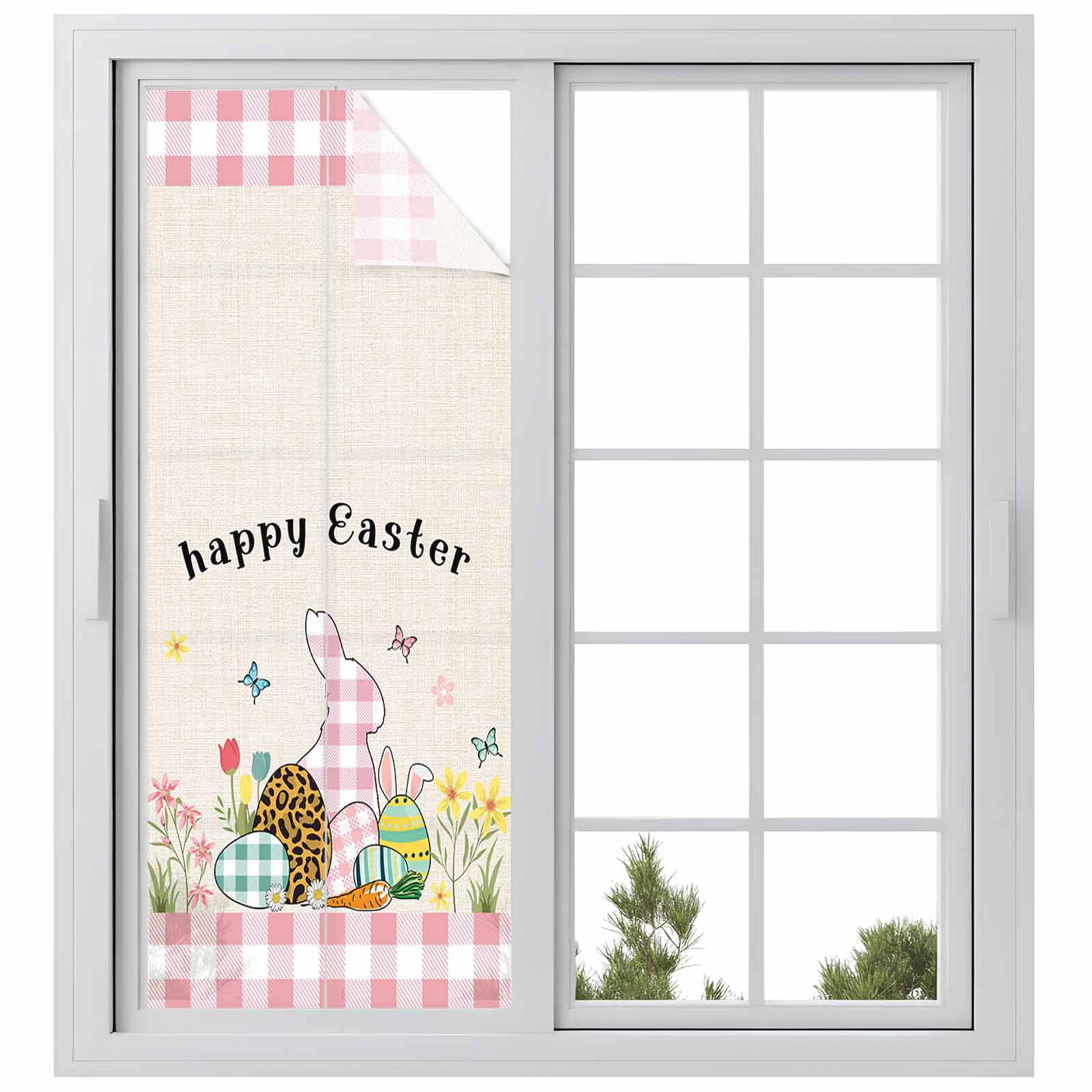 Easter Eggs Window Privacy Film, Rabbits Pink Buffalo Plaid Retro Texture Frosted Glass Window Clings Static Cling UV Heat Blocking Reusable Door Sticker for Bathroom 23.6 x 59 Inch