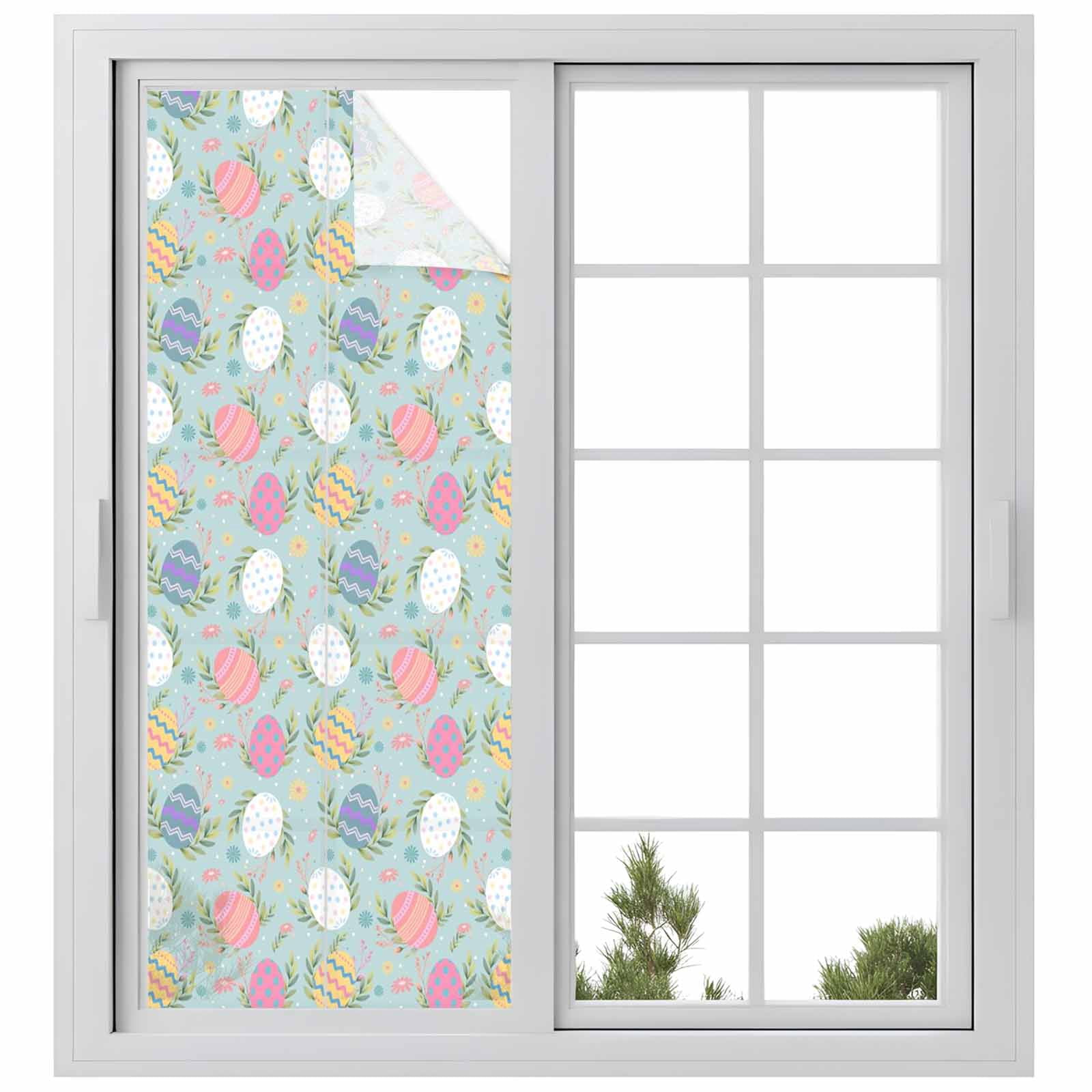 Easter Eggs Window Privacy Film, Spring Pink Blue Yellow White Eggs Blue Green Frosted Glass Window Clings Static Cling UV Heat Blocking Reusable Door Sticker for Bathroom 23.6 x 59 Inch