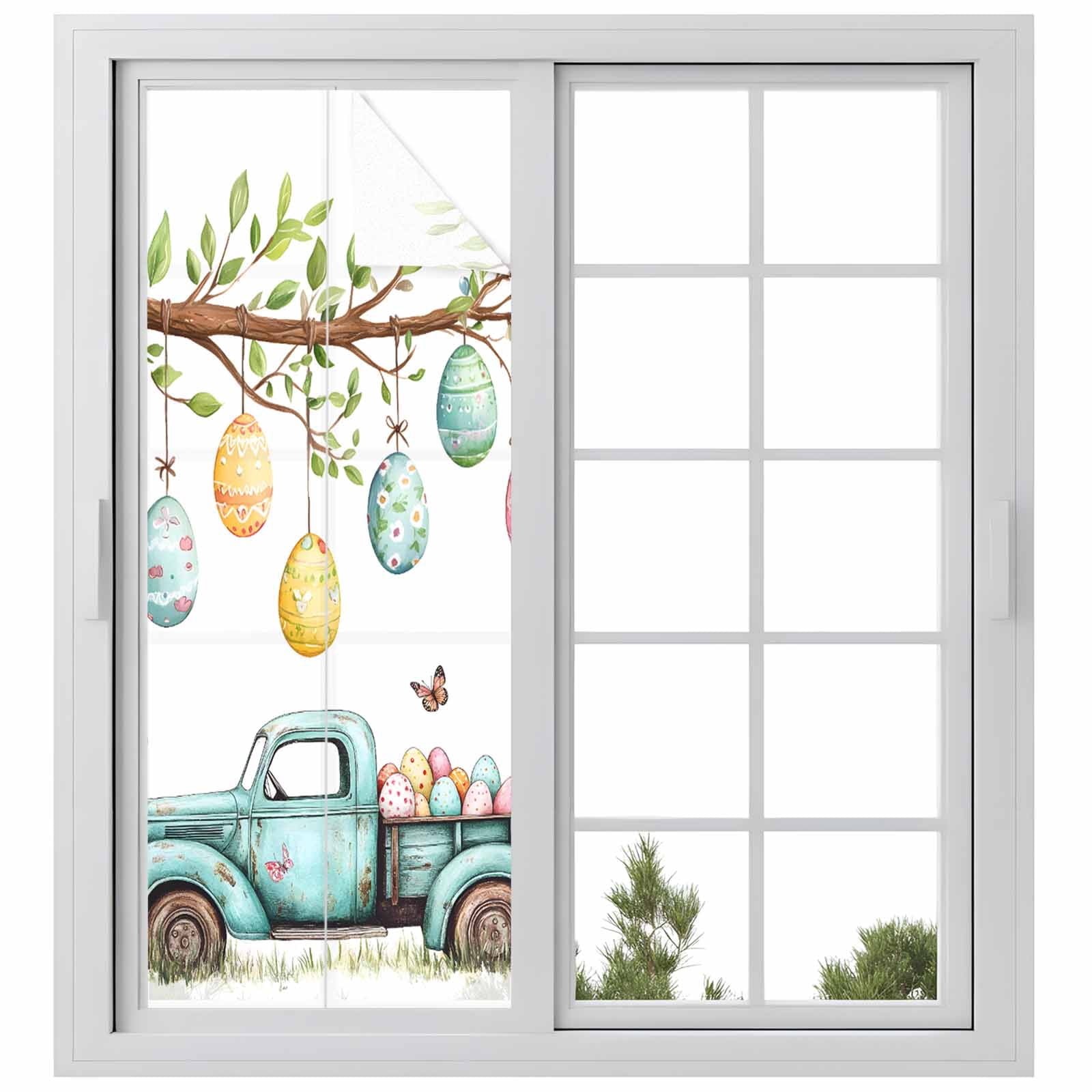 Easter Eggs Window Privacy Film, Truck with Egg Frosted Glass Window Clings Static Cling UV Heat Blocking Reusable Door Sticker for Bathroom 23.6 x 59 Inch