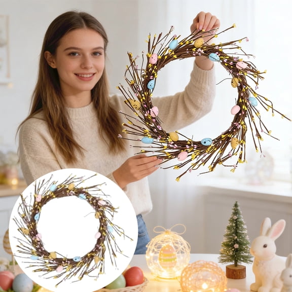 Easter Eggs Wreath, 17.72" Artificial Flower Wreath Hanging Garland with Light, Spring Colorful Egg Wreath Decor for Front Door Home