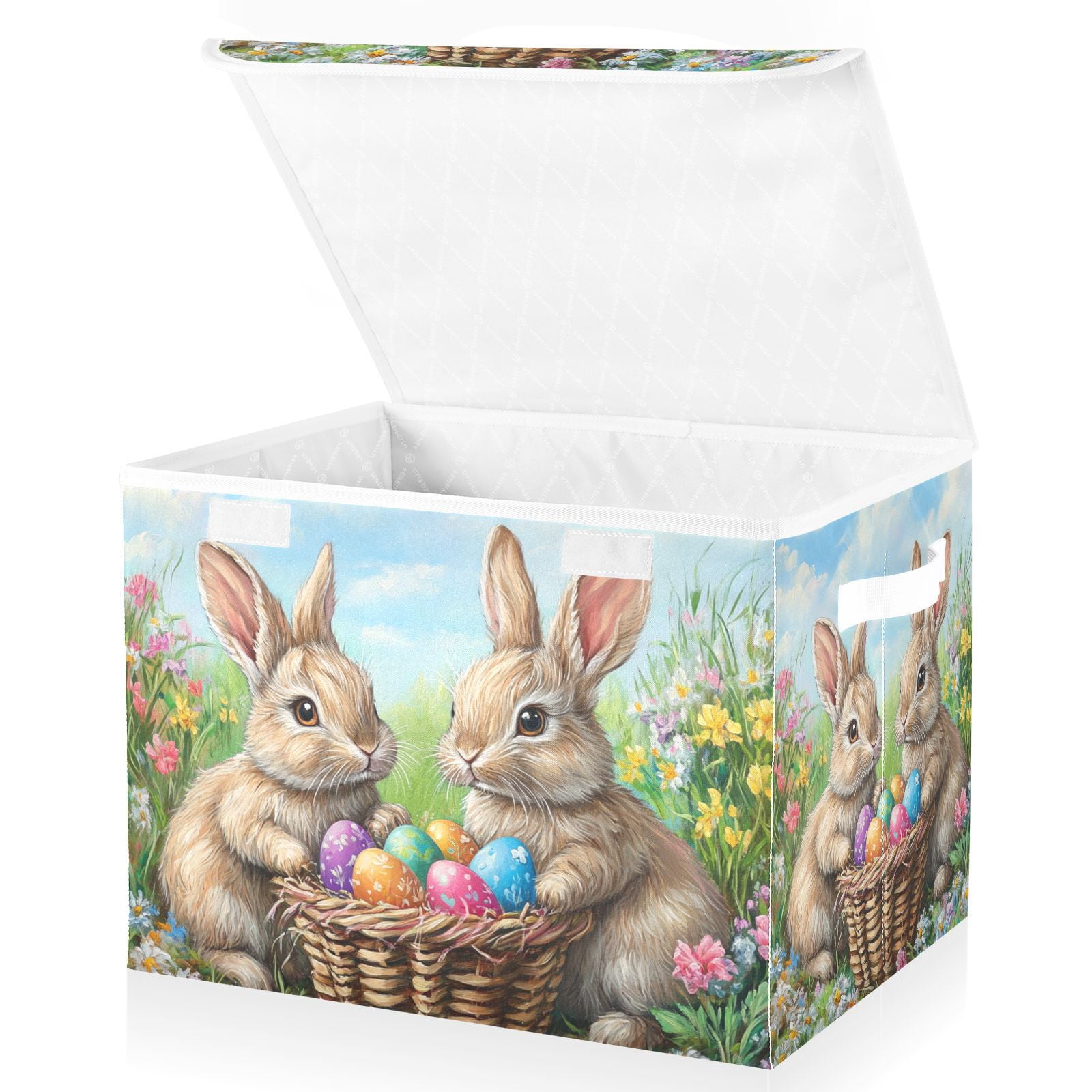 Easter Eggs and Rabbits Storage Basket for Shelves Foldable Container Organizer for Organizing Toys Clothes Books with Handles