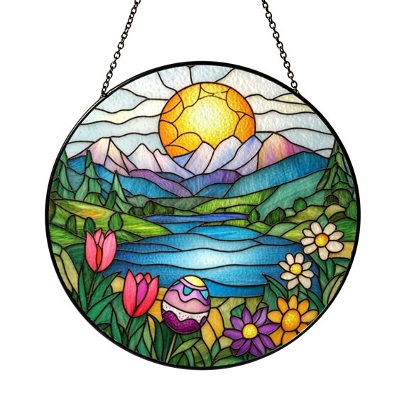 Easter Eggs by Lake View Stained Glass Style Window Hanging Suncatcher, Playful Spring Seasonal Home Decor Gift