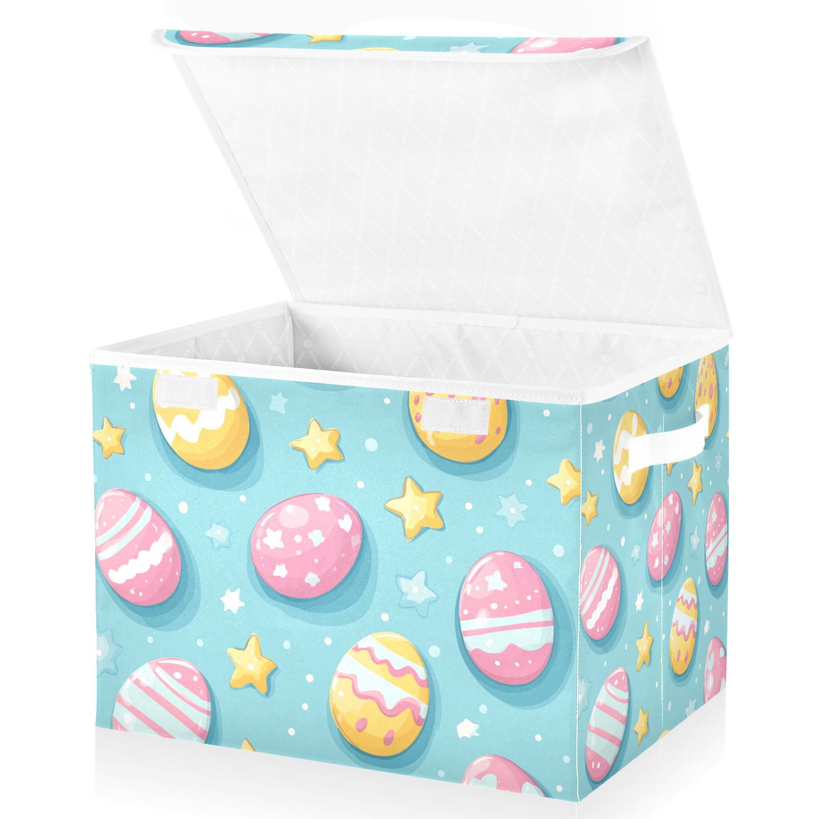 Easter Eggs in Blue Storage Basket for Shelves Foldable Container Organizer for Organizing Toys Clothes Books with Handles