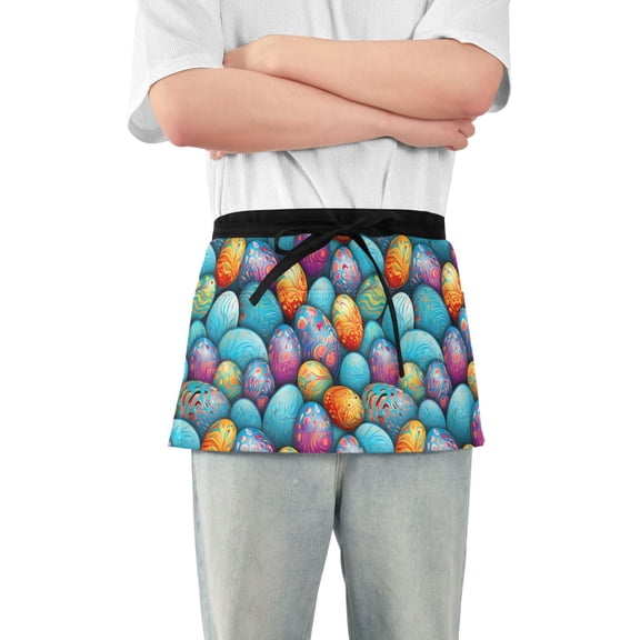 Easter Eggs with Abstract Flowers Server Apron with 3 Pockets Waterproof Waitress Waist Short Apron for Man Woman 12 Inches