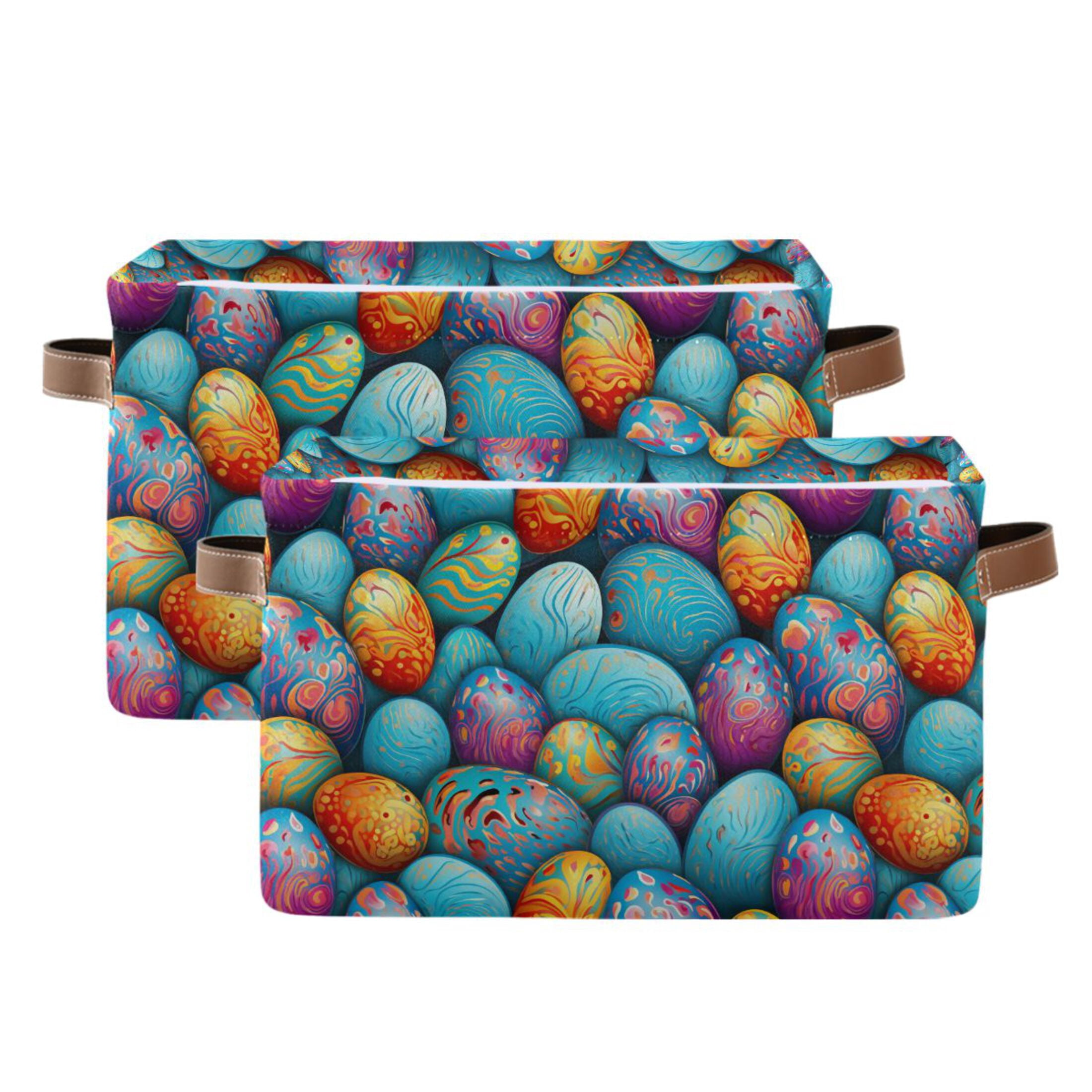 Easter Eggs with Abstract Flowers Storage Bins with Handle Fabric Organizer Basket Foldable Box 2 Pack 14.2x10.2x8.3