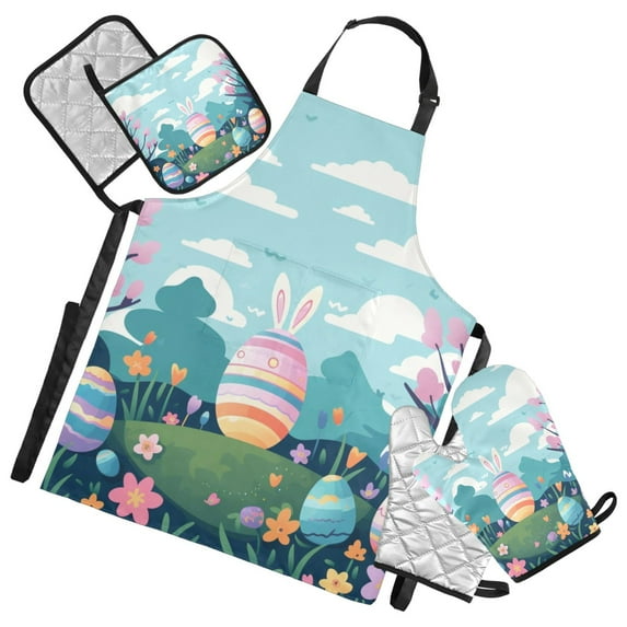 Easter Eggs with Cherry Tree 5 Pcs Kitchen Set Heat Resistant Oven Mitts and Non-Slip Pot Holders with Adjustable Cooking Apron