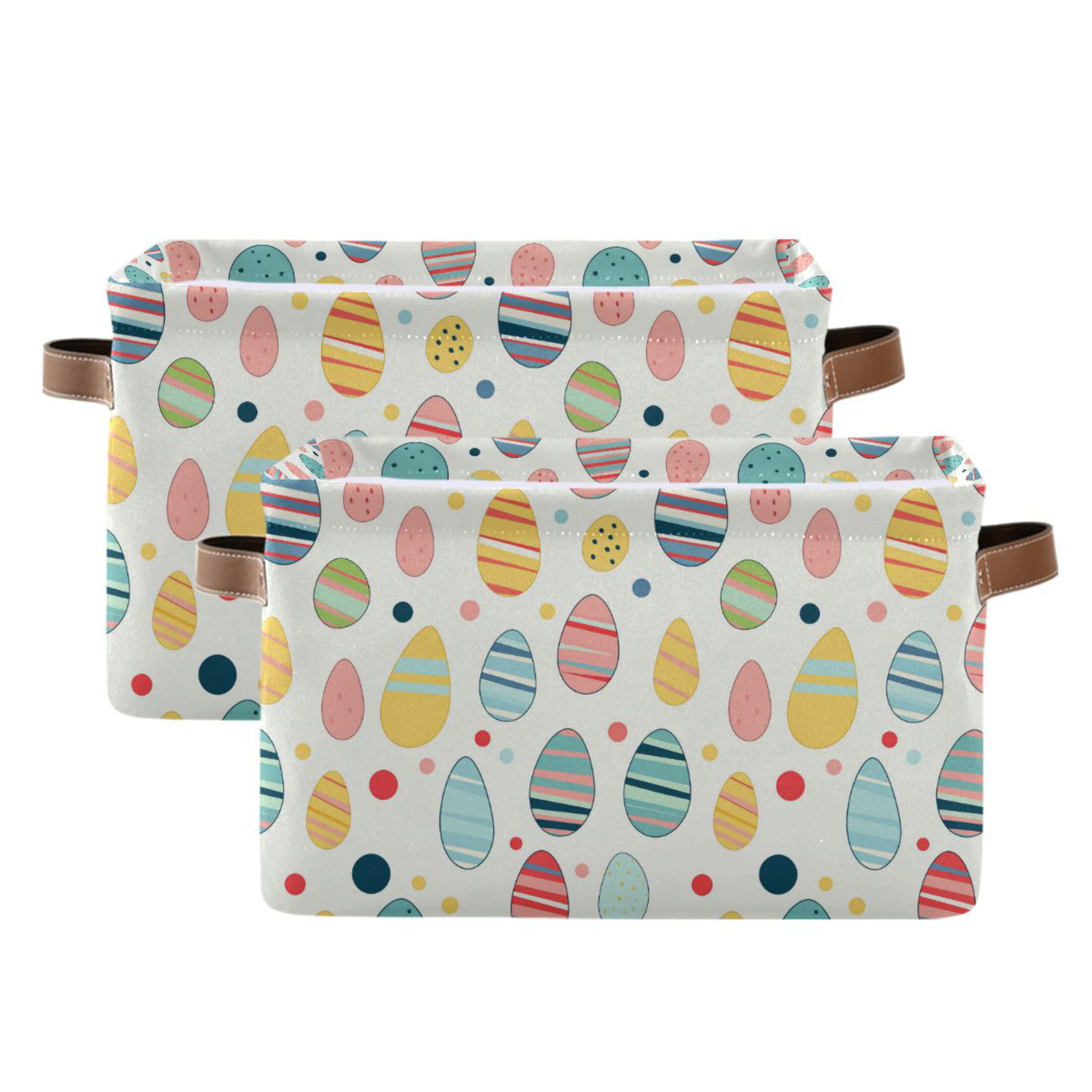 Easter Eggs with Color Stripes Storage Bins with Handle Fabric Organizer Basket Foldable Box 2 Pack 14.2x10.2x8.3