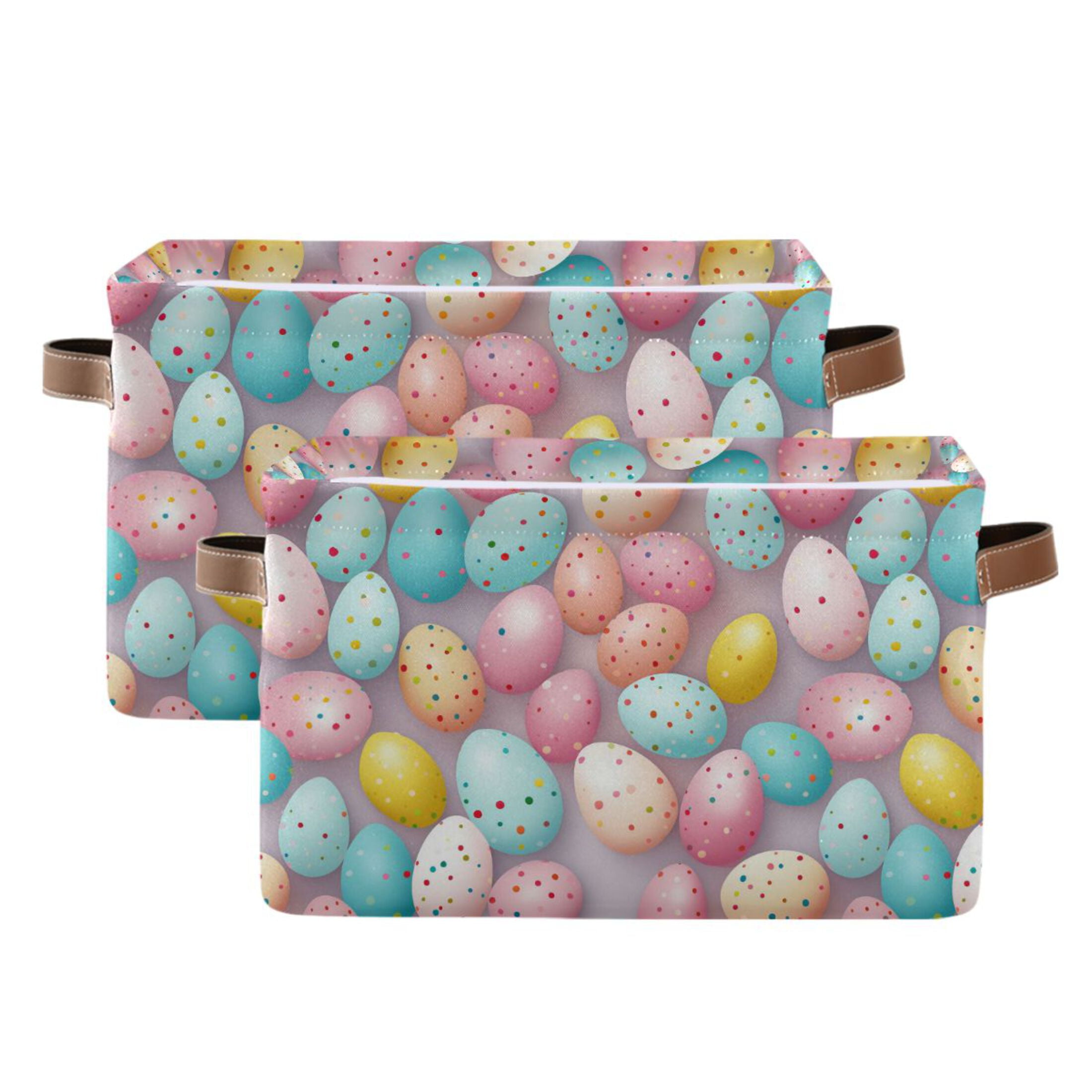 Easter Eggs with Colorful Dots Storage Bins with Handle Fabric Organizer Basket Foldable Box 2 Pack 14.2x10.2x8.3