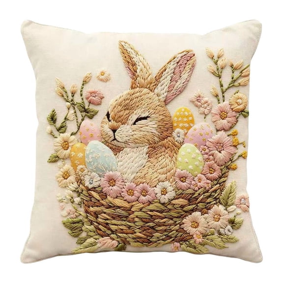 Easter Embroidered Linen Pillow Cover 18x18 Inch, 3D Floral Bunny Cushion Case for Spring Home Sofa Decor