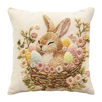 Easter Embroidered Linen Pillow Cover 18x18 Inch, 3D Floral Bunny Cushion Case for Spring Home Sofa Decor