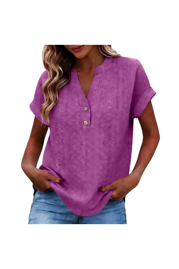 Easter Embroidered Tops for Women Summer Eyelet Gauze Tunic Shirts Short Sleeve V-Neck Casual Tops