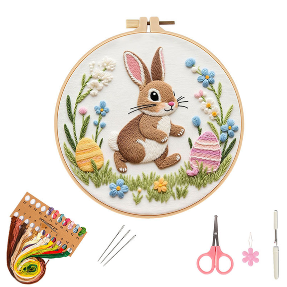 Easter Embroidery Kit – Easter Bunny & Egg Cross Stitch DIY Craft with Pre-Printed Fabric, Hoop & Full Supplies, Perfect Easter Gift for Women, Men & Beginners for Relaxing Spring Activity