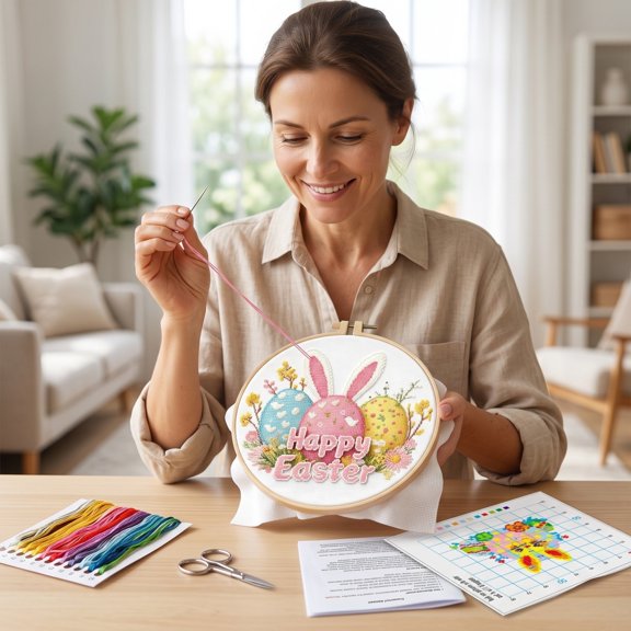 Easter Embroidery Kit with 8 Inch Hoop,Easter Basket Stuffers,Easter Gift for Student,1 Set