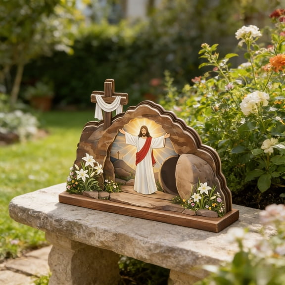 Easter Empty Tomb Jesus Decor Wooden Nativity Scene Set Resurrection Religious Farmhouse Statue He is Risen Signs for Spring Holidays Indoor Home Table Decoration (Wood)