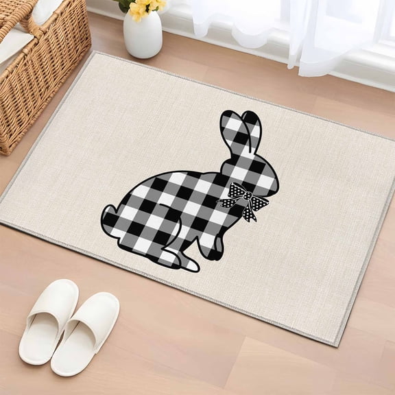 Easter Entryway Rug 2'x3' Non Slip Front Door Mats, Farmhouse Retro Black White Lattice Bunny Rabbit Entrance Rugs Indoor Outdoor Carpet, Washable Floor Mats Small Area Rug for Bedroom Kitchen