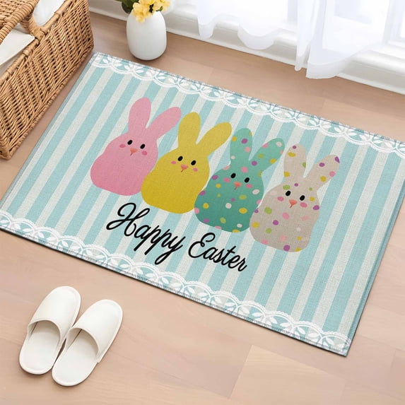 Easter Entryway Rug 2'x3' Non Slip Front Door Mats, Polka Dot Bunny Farmhouse Vintage Green Striped Entrance Rugs Indoor Outdoor Carpet, Washable Floor Mats Small Area Rug for Bedroom Kitchen