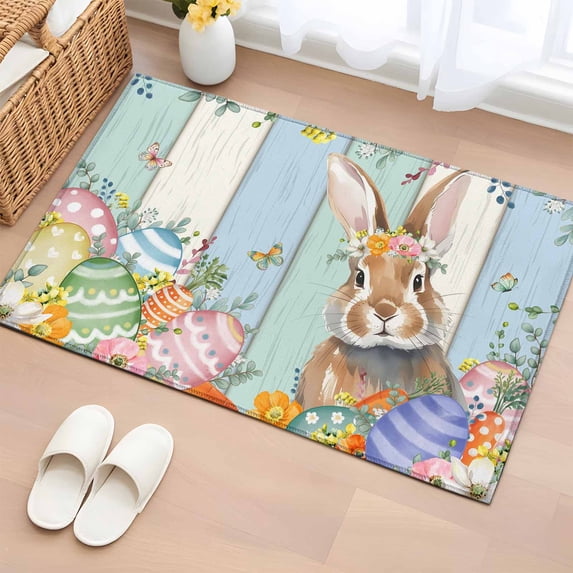 Easter Entryway Rug 2'x3' Non Slip Front Door Mats, Spring Bunny Colorful Floral Eggs Wooden Plank Entrance Rugs Indoor Outdoor Carpet, Washable Floor Mats Small Area Rug for Bedroom Kitchen