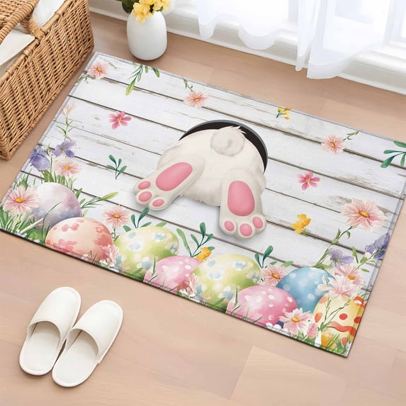 Easter Entryway Rug 2'x3' Non Slip Front Door Mats, Spring Bunny Feet Eggs Floral Herb Wooden Plank Entrance Rugs Indoor Outdoor Carpet, Washable Floor Mats Small Area Rug for Bedroom Kitchen