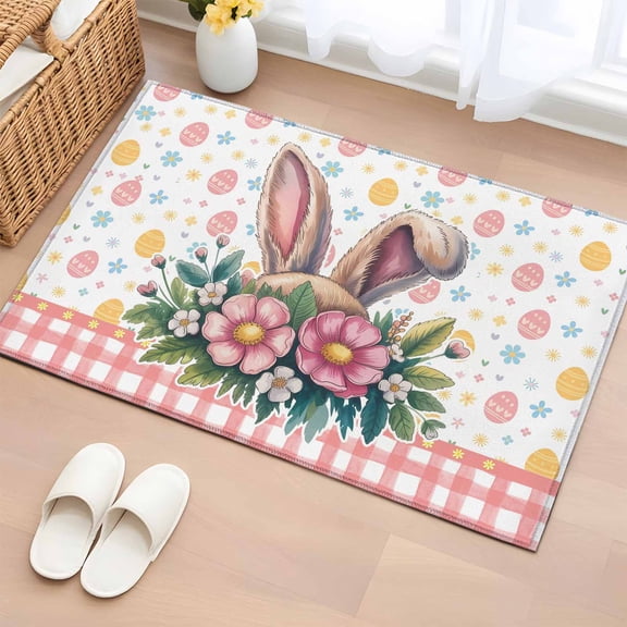 Easter Entryway Rug 2'x3' Non Slip Front Door Mats, Spring Floral Eggs Pink Checkered Pastoral Entrance Rugs Indoor Outdoor Carpet, Washable Floor Mats Small Area Rug for Bedroom Kitchen