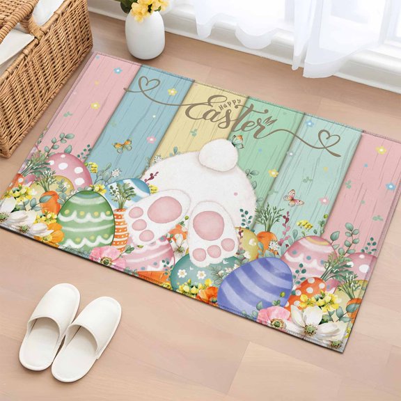 Easter Entryway Rug 2'x3' Non Slip Front Door Mats, Spring Rabbit Ears Foot Eggs Floral Wooden Grain Entrance Rugs Indoor Outdoor Carpet, Washable Floor Mats Small Area Rug for Bedroom Kitchen