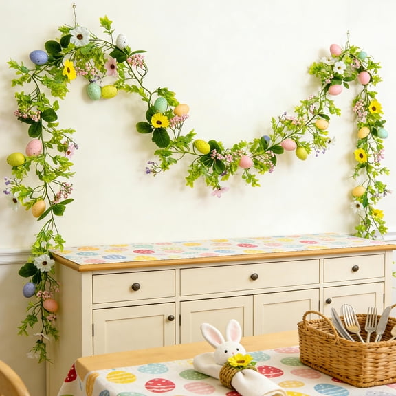 Easter Everlasting Spring Garland, 69Inch Table Tree Decoration with Eggs, Spring Flower Easter Spring Time Seasonal Decoration, Faux Eucalyptus & Pastel-Egg Vine