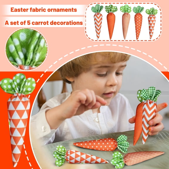 Easter Fabric Carrot Decorations Set of 5 - Spring Home Table Decor, Rustic Tiered Tray Accents for Easter Party & Seasonal Home Decorating A