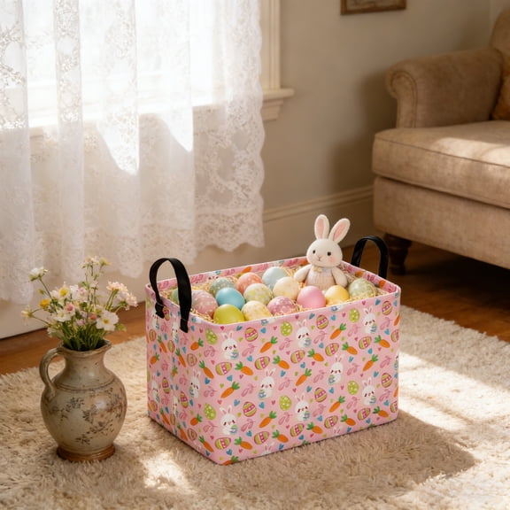 Easter Fabric Storage Baskets - Cotton Linen Collapsible Organizer Bins with Handles, Cute Bunny & Egg Print for Home Decor & Toy Storage