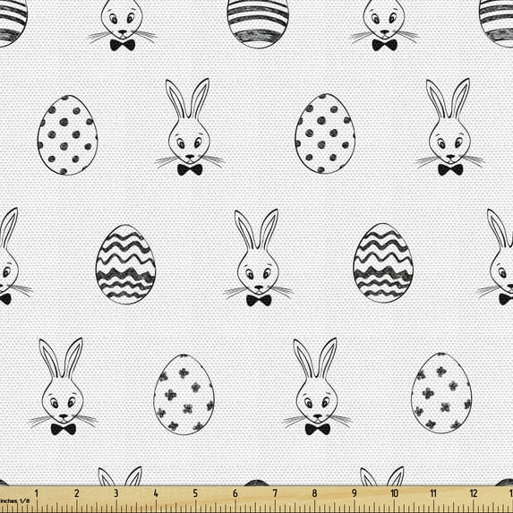 Easter Fabric by the Yard, Black and White Pattern Hand Drawn Style Rabbits with Bowties and Patterned Eggs, Decorative Upholstery Fabric for Sofas and Home Accents, 3 Yards, Black White by Ambesonne
