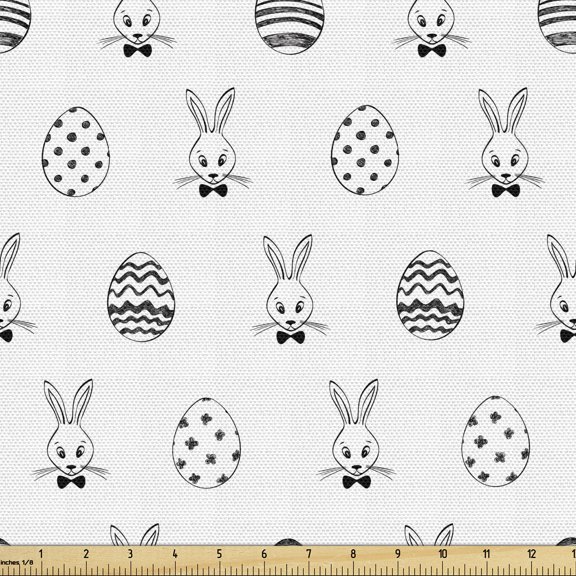 Ambesonne Easter Fabric by the Yard Upholstery, Rabbits Patterned Eggs, 5 Yards, Black White