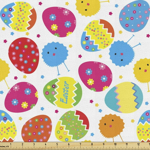 Ambesonne Easter Fabric by the Yard Upholstery, Chicken Daisies, 1 Yard, Multicolor
