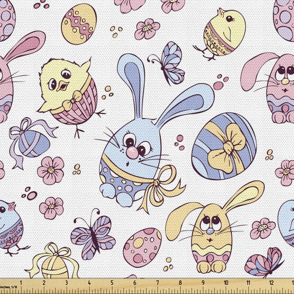 Ambesonne Easter Fabric by the Yard Upholstery, Bunny and Chicken, 2 Yards, Multicolor