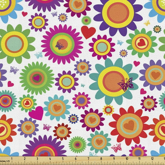 Ambesonne Easter Fabric by the Yard Upholstery, Colorful Camomiles, 1 Yard, Multicolor