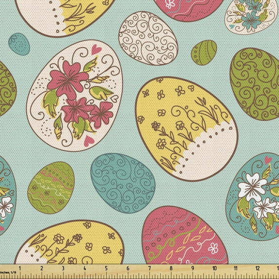 Ambesonne Easter Fabric by the Yard Upholstery, Floral Ornamental Egg Forms, 10 Yards, Multicolor
