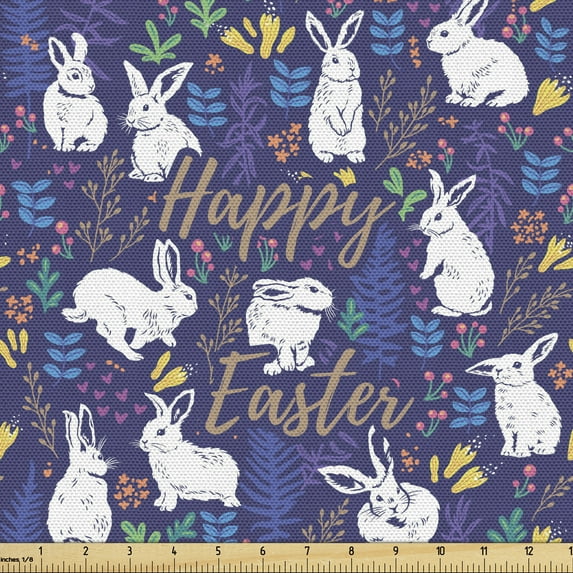 Ambesonne Easter Fabric by the Yard Upholstery, Floral Bunnies Poses, 1 Yard, Multicolor