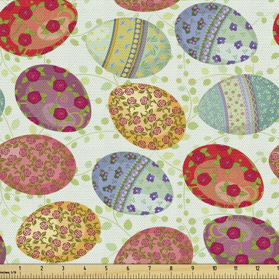Ambesonne Easter Fabric by the Yard Upholstery, Flowery Vintage Eggs, 1 Yard, Multicolor