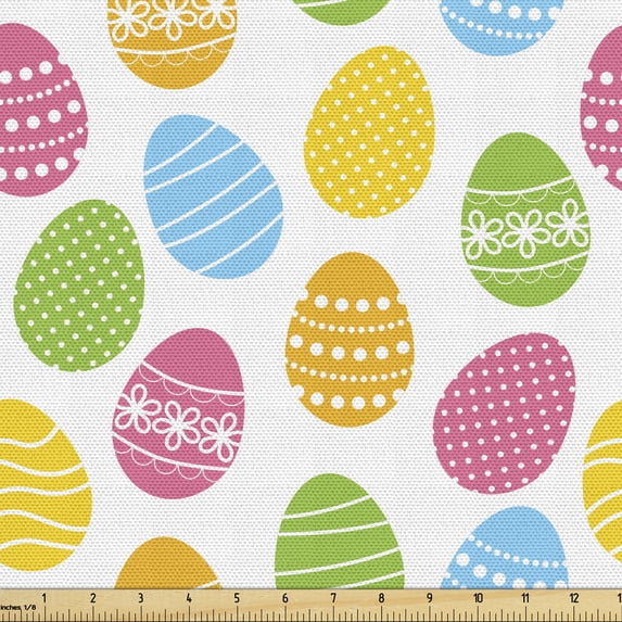 Ambesonne Easter Fabric by the Yard Upholstery, Greeting Spring Holiday, 5 Yards, Multicolor